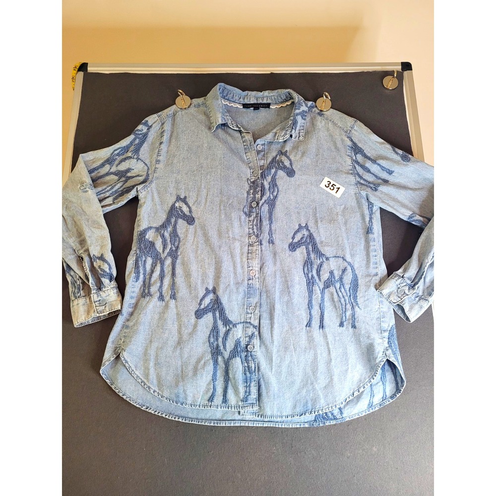 JANE + DELANCEY Womens S Blue Denim Collared Long Sleeve Horse Embroidered